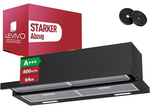 LEVIVO A+++ Flachschirmhaube 90 cm Umluft & Abluft mit 400 m³/h, Einbau Dunstabzugshaube mit 2 Aktivkohlefiltern, 4 Fettfiltern, 2 Stufen, 2 LEDs, Dunstabzugshaube 90cm Unterbau, Schwarz