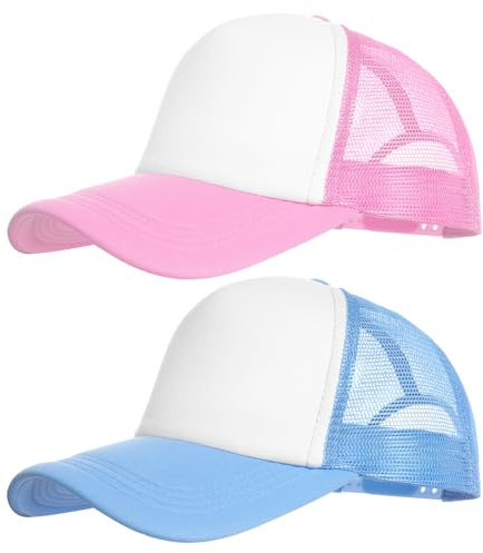 Ishua 2 Packs Blank Trucker Hat Mesh Cap for Women Men Adjustable Blank Hats for DIY Sports Outdoor (2, Blue & Pink)