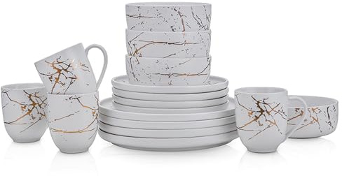 Stone Lain Porcelain 16 Piece Dinnerware Set, 4 Full White Gold Splash Sets