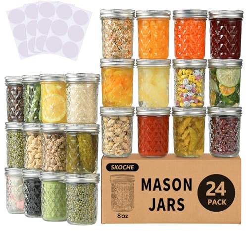 SKOCHE Mason Jars 8 oz 24 Pack Half Pint Canning Jars with Regular Airtight Lids and Bands, Small 8oz Glass Jars with Lids, Ideal for Fermenting, Pickling, DIY Decors, Fruit Preserves, Jam, Jelly