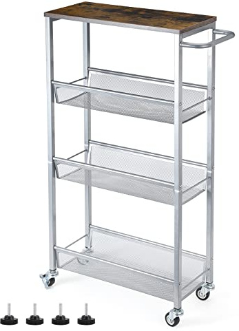 Slim Storage Cart, Metal Narrow Rolling Storage Cart for Kitchen, Silver