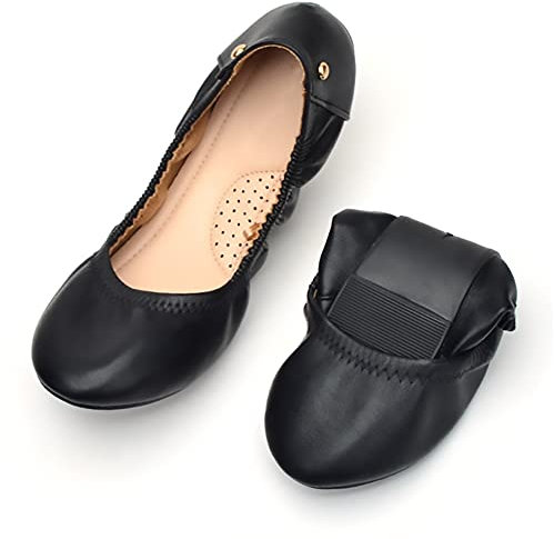 Dernolsea Womens Ballet Flats, Faux Leather Round Toe Elastic Foldable Slip On Flat Pumps Dolly Ballerina Shoes Black Size 5.5