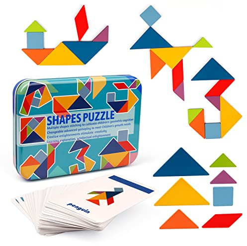 Vanmor 68 Pcs Tangram Puzzles for Kids, Wooden Puzzle for Toddlers, Montessori Educational Learning Toys for Girls Boys 3+, Birthday, Christmas and Children's Day Gifts