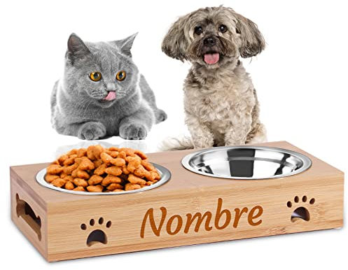 OXYEFEI Comedero Perro Pequeño, Comedero Perro Personalizado Nombre, Comedero Gato Extraíble, con Base de Bambú Antideslizante - para Mascotas Pequeñas Gatos y perro/400ml (2 cuenco)
