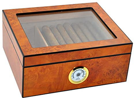 Eitida Étui à cigares en verre trempé fait main en bois de cèdre espagnol avec séparateur, humidificateur et hygromètre, bois de racine blonde