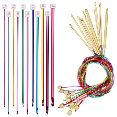 Aeelike Tunisian Crochet Set, Include 11PCS Aluminium Tunisian Crochet Hooks Set Metal, 12PCS Bamboo Tunisian Crochet Hooks Set with Cable, Extra Long Afghan Tunisian Crochet Hook for Blankets