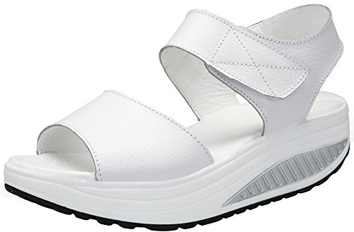 Mesing Sandalias Plataforma Mujer Verano Sandalias Cuña Comodas Cuero Peep Toe Zapatos Tacon para Caminar Blanco EU40