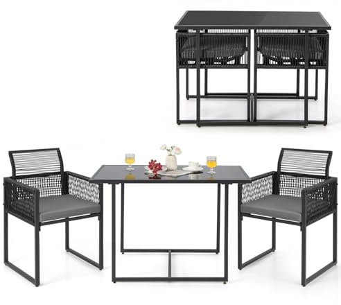 GIANTEX Gartenmöbel Set Rattan 2 Personen, Balkonmöbel Kleiner Balkon platzsparend, Esstisch mit 2 Stühlen zusammenschiebbar, Balkon Möbel klein, Outdoor Sitzgruppe inkl. Kissen, Balkonset Bistroset