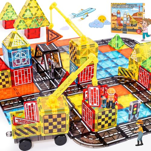 Magnetic Tiles Kids Construction Toys - Road Set with Magnet Crane for Boys Age 3-5 4-8 8-10, Magnet Building Blocks Expansion Pack Toy Car Track Train Set, Road, Dolls, Traffic Lights and Stations