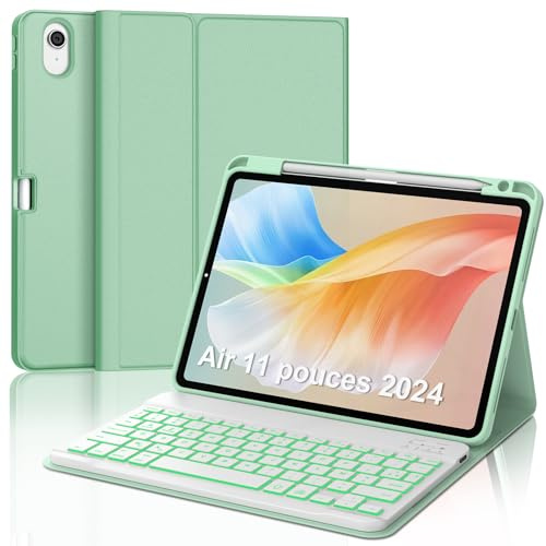 AVNICUD Tangentbord för iPad Air 11 (M2) 2024, Franskt AZERTY-tangentbord för iPad Air 6th 11, avtagbar bluetooth-bakgrundsbelysning, med pennfack för iPad Air 11 tum, grönt