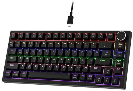Newmen GM326 Mechanische Tastatur mit Kabel,Gaming Tastatur 75 Prozent,TKL Hot Swap LED Beleuchtung USB C Mini Mechanische Tastaturen mit Knopf,für PC/Win/Mac,QWERTY Layout,Schwarz,Rote Schalter