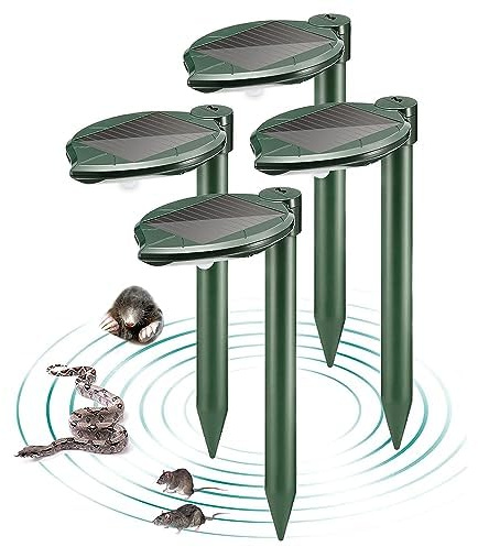 Solar Snake Repellent Ultrasonic Outdoor with LED Light, Sonic Mole Repeller Solar-Powered, Snake Mole Vole Gopher Away for Lawn Yard 4PK