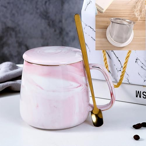 Xfeyaqlo 400ml Taza Te Ceramica Marmol, Tazas de Te con Tapa, Taza Infusiones con Tapa y Filtro, Elegante Compañero de Té de La Tarde, Buena Opción de Regalo (Rosa)