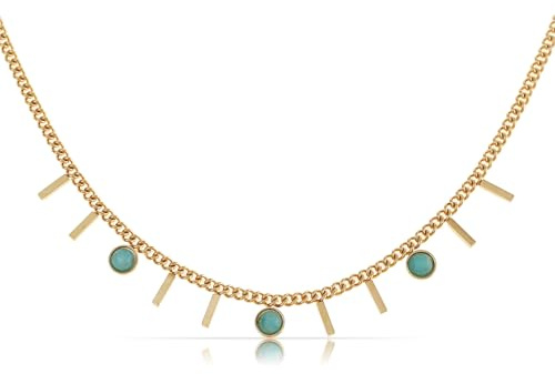 Tillverkad av Nami-halsband, dam, guld med stång, hängen och turkosa ädelstenar av kirurgiskt rostfritt stål, 40 + 5 cm, guldkedja, dam med hängsmycke, boho-smycke, allergivänligt och vattentätt