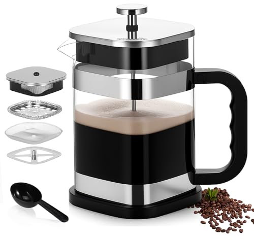 Miawtro 8 Cup Cafetiere,Square French Press Coffee Maker with High Borosilicate Heat and Cold Resistant Glass 80 Mesh Stainless Steel Filter,1L Caffettiera for Coffee,Tea,Milk Foam,Equipped Spoon