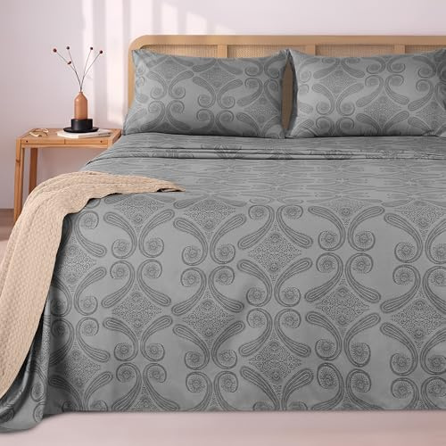 Utopia Bedding Juego de Sabanas Estampado 4 Piezas 150x200 - Poliéster Microfibra Cepillada - Sábana Bajera, Sábana Plana y 2 Fundas de Almohada 50x75 (Cama 150, Paisley Gris)