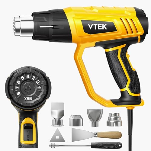 VTEK Pistola de calor 1800W pistola de aire caliente Control de Temperatura Variable de 60℃ a 650℃,Protección Contra Sobrecarga, 4 Boquillas para Decapar, Soldar y Encoger