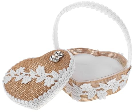 Abaodam Boîte à Alliances Mariage en Jute Ornée de Cristaux, Coussin D’alliances Petit Écrin de Panier Fleuri Blanc, Porte-bagues pour Cérémonie et Fiançailles, Accessoire Mariage Élégant