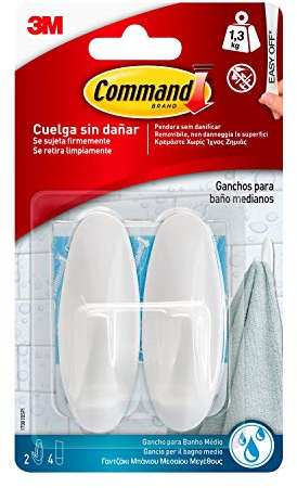 Command Gancio Ovale-Bianco Resistente all'Acqua - 2 Ganci e 4 Strisce - Accessori Salvaspazio senza Forare il muro, Tenuta: 1.3 kg
