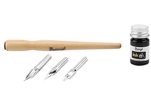 Eboxer Füllfeder-Set Dip Stifthalter aus Holz, 3 verschiedene Federn aus Edelstahl und 1 Tinte für Zeichnungen/Manga/Kalligraphie/Comic