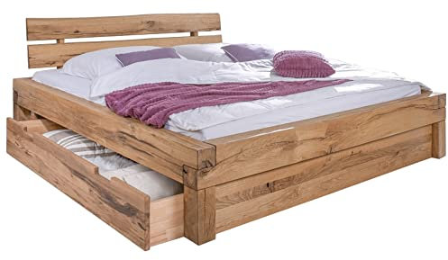 MASSIVMOEBEL24.DE Balkenbett mit Bettkasten Wildeiche 180x200 Bianco geölt JANGALI #101