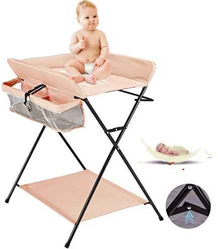 Klappbarer Wickeltisch - Wickelkommode Mobiler Wickeltisch Badewanne mit Wickelauflage mit Sicherheitsgurt Wickelkombination mit drei Ablagefächer Wickelstation Max Last 25 kg(Khaki,Ohne Walze)