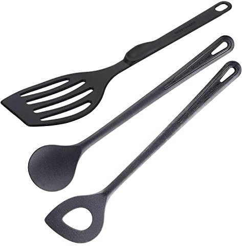 Westmark Juego de cocina, 3 piezas: 1 espátula, 1 cuchara para remover, 1 espumadera, Resistente al calor, Plástico, Negro, 203522E9