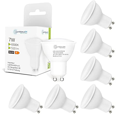 LIGHTWORLD24 Pack de 6 bombillas LED GU10, luz blanca fría 6500K, 7 W, 510 lúmenes, lámpara reflectora, reemplazo de halógenas de 50 W, ángulo de apertura 120°, no regulables, AC 230V