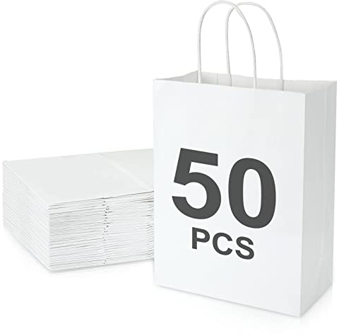 MIVIDE 50 Pezzi Sacchetti Carta con Manici, 21 x 11 x 27 cm Bianca Borse Carta Kraft Sacchetti da Regalo, Buste Carta con Manico per Feste di Compleanno, Natale, Confezioni Regalo, Shopping