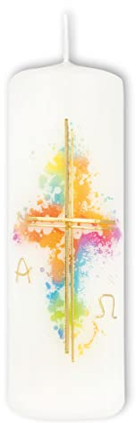 FRITZ COX Osterkerze 'Alpha & Omega mit Kreuz' | buntes Kreuz mit A&O Zeichen | Wachsauflage | 5x15cm