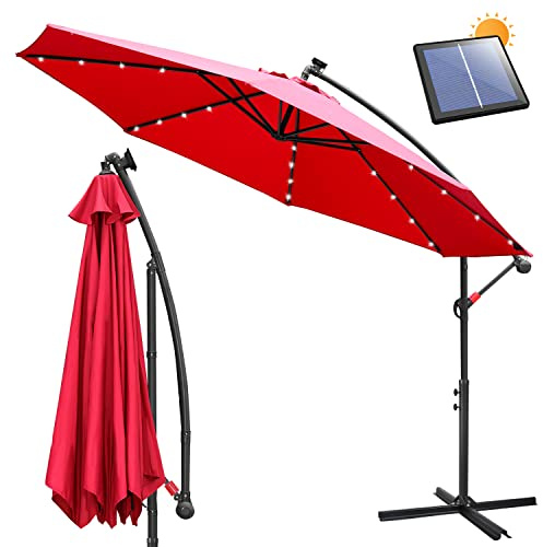 Ansobea Parasoll 300 cm/350 cm trafikljus LED solar med vev, marknadsparaply i aluminium med på/av-knapp, trädgårdsparaply UV-skydd och vattentätt, vevparaply med stativ, röd, 300CM