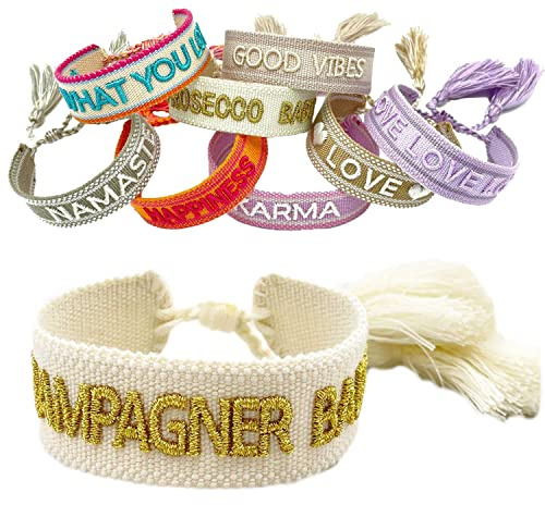 LS-LebenStil Exklusives Statement Armband - das Original - Champagner Baby Gold 16-20cm Quasten besticktes Boho Canvas Webarmband Damen Freundschaftsarmband Geschenk gewebt textil Stoffarmband