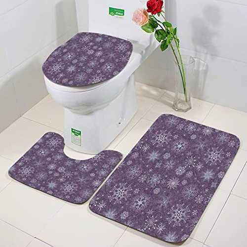 Rutschfeste Badematten 3 teiliges Set,Aubergine, Weihnachten inspiriert süße Blumen Schneeflocken und wirbelt in ,Hohe Wasseraufnahme, weiche Mikrofaser, WC-Vorleger, WC-Sockelmatte, maschinenwaschbar