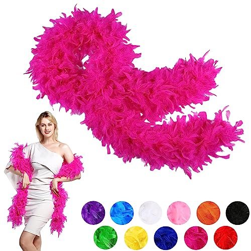 80g Hot Pink Feather Boa Thick Fancy Dress for Adult,Kids,2m/6.6ft Natural Turkey Feather Boa Rose Red,Party Fluffy Boa Feather Scarffor Bulk for Women,Girls,Wedding Bachelor Halloween Christmas Party