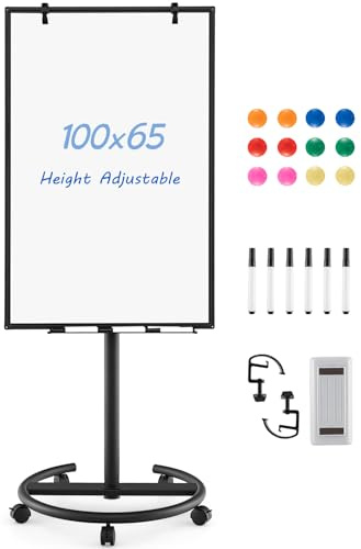CASART Flip Chart White Board, Height Adjustable Dry Erase Board with Stand, Eraser, Magnets & Paper Clips, 100 x 65 CM Mobile Magnetic Whiteboard for Home Office Classroom (Black)