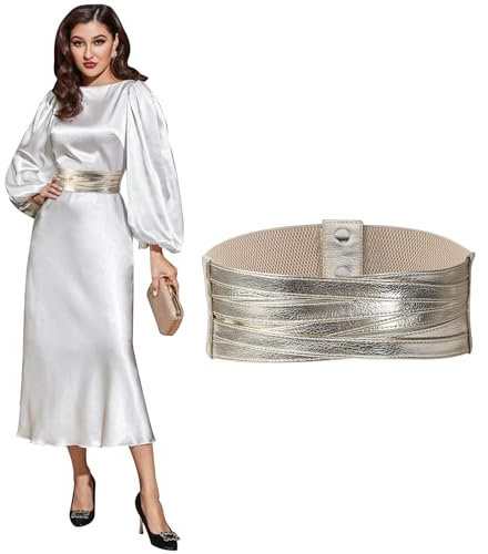 SUOSDEY Breiter Ledergürtel für Damen, Elastischer Geflochtener Gürtel für Kleider Modischer Stretch Taillengürtel gold