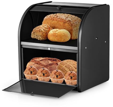 Esilihom Bread Bin, Bread Bins for Kitchen, 2-Layer | Large | Roll Top | 30 x 24.5 x 32.5cm, Black