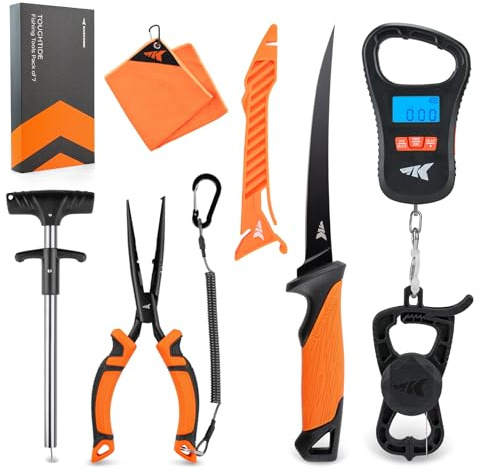 KastKing ToughTide 7pc Fishing Tool Kit, Rechargeable Digital Fish Scale with Lip Grip & Tape Measure, 7” Fillet Knife with Sheath & Sharpener, 8” Split Ring Pliers, Hook Remover, Microfiber Towel