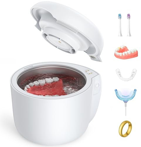 AGPTEK Dispositivo di pulizia ad ultrasuoni, 45 kHz, 190 ml, portatile, pulitore a ultrasuoni con funzione di asciugatura automatica, pulitore ad ultrasuoni per gioielli, protesi dentarie, bianco