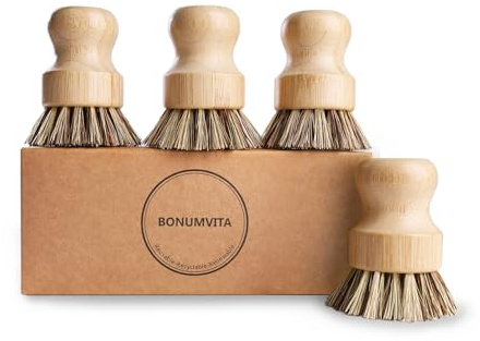 BONUMVITA Bamboo Dish Brush Set,4 Pack Kitchen Palm Pot Brush with Union Fiber, Natural Bamboo Dish Scrub Brush for Cleaning Pots,Pans,Sinks,Woks,Vegetables