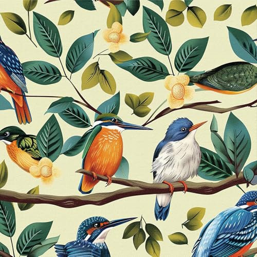 ICYEHAO Papel Pintado Autoadhesivo de Aves,44 x 600cm Papel Tapiz de aves Azules con Fondo Beige y Diseño Floral de Ramas Verdes para Muebles Paredes en Baño, Sala de Estar, Dormitorio, y Muebles