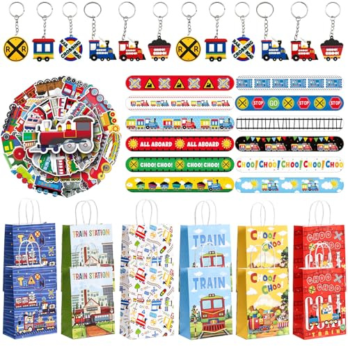ZDNT 86PCS Zug Party Mitgebsel,Zug Party Zubehör,Zug Geburtstagsparty-Zubehör,enthält 12 Zug Schlüsselger,12 Slap Armbänder,12 Geschenkktüte,50 Aufkleber für Dekoration ,Geschenke,Tüten Verpacken