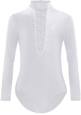 Xnihocha Turnanzug Jungen Ballett Trikot Langarm Strass Gymnastikanzug Tanzbody Slim Fit Hemdbody Latein Tanzkostüm Weiß 134-140