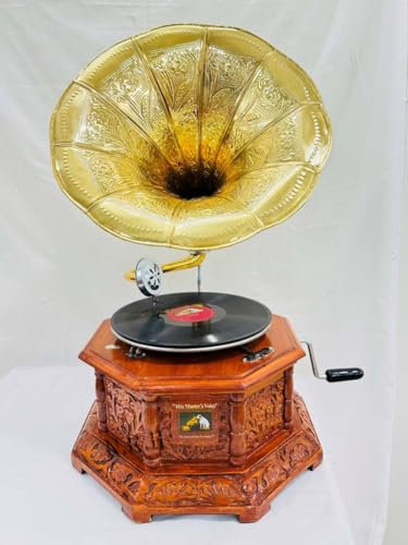 Réplica de gramófono de aspecto antiguo, tocadiscos de gramófono vintage, base de madera con tallas florales, altavoz de cuerno dorado (base de tallado de flores, gramófono de 8 conos)