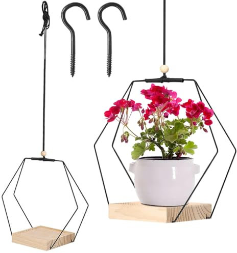 Gohytal Set di 2 fioriere sospese per interni, con base in legno e anello in metallo, per piante sospese, vaso con ganci per appenderla, per soggiorno, balcone, giardino
