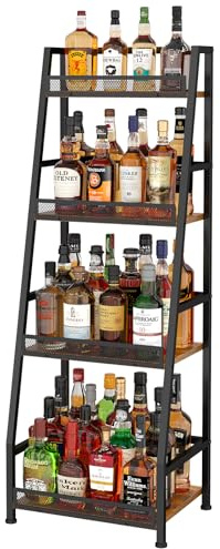 4-Tier Trapezoid Liquor Stand for Home Bar, Stepped Wine Rack Freestanding Floor Liquor Cabinet for Whiskey Wine, Versatile Corner Wine Bottle Display Stand with Fences, Vintage Brown（Patent Pending）