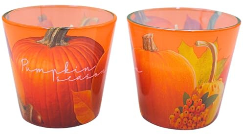 Dekohjälden24 set om 2 doftljus, höstljus, pumpafrön, aromljus höst, höstljus doftriktning pumpa med bomull, L/B/H 8 x 8 x 8 cm, 115 g.