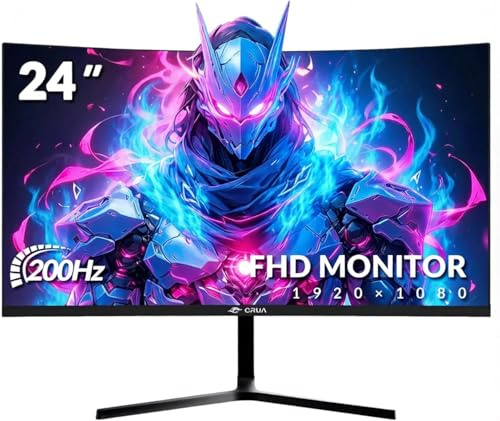 CRUA 24 Zoll Curved Gaming-Monitor, 180Hz/200Hz FHD 1080P, 1 ms Reaktionszeit, AMD FreeSync, Eye-Care Flimmerfrei, rahmenloser Esports-Bildschirm mit HDMI & DP, VESA-Wandhalterung – Schwarz