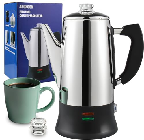 APOXCON 12-Cup Electric Coffee Percolator, CE-Certified Stainless Steel, Heat-Resistant Glass Knob, Fast Brew, 30-Min Keep Warm, Multi-Use for Tea/Cocoa/Oatmeal, Cordless Server