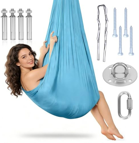 Kit De Hamac De Yoga Aérien, Balançoire De Yoga Aérien, Poids Maximal Supporté : 200 Kg, Respirant Et Durable, Hamac De Aérien Pour Adultes, Pratique Anti-Gravité(Bleu)